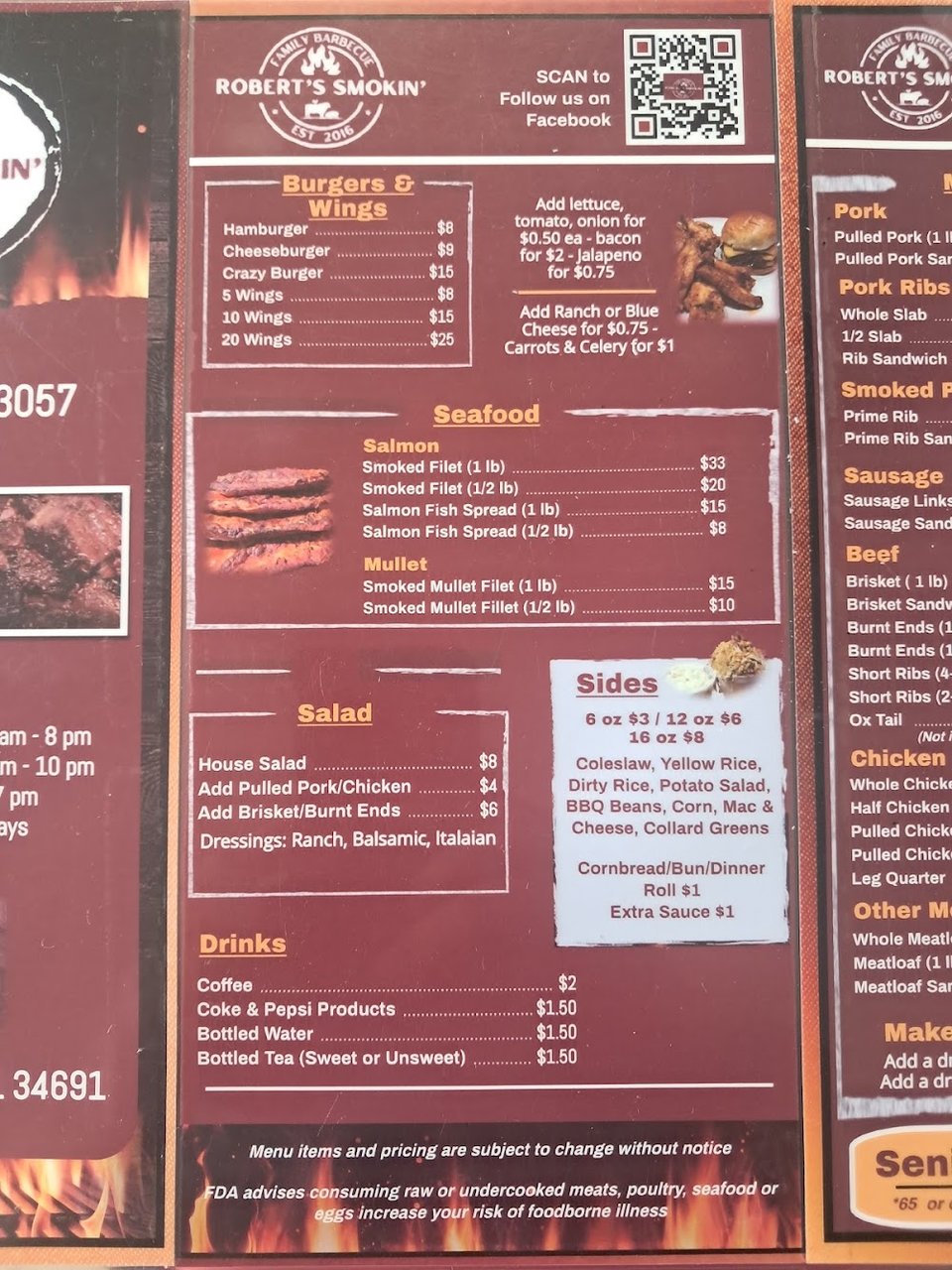 Barbecue menu with smoked meat choices.