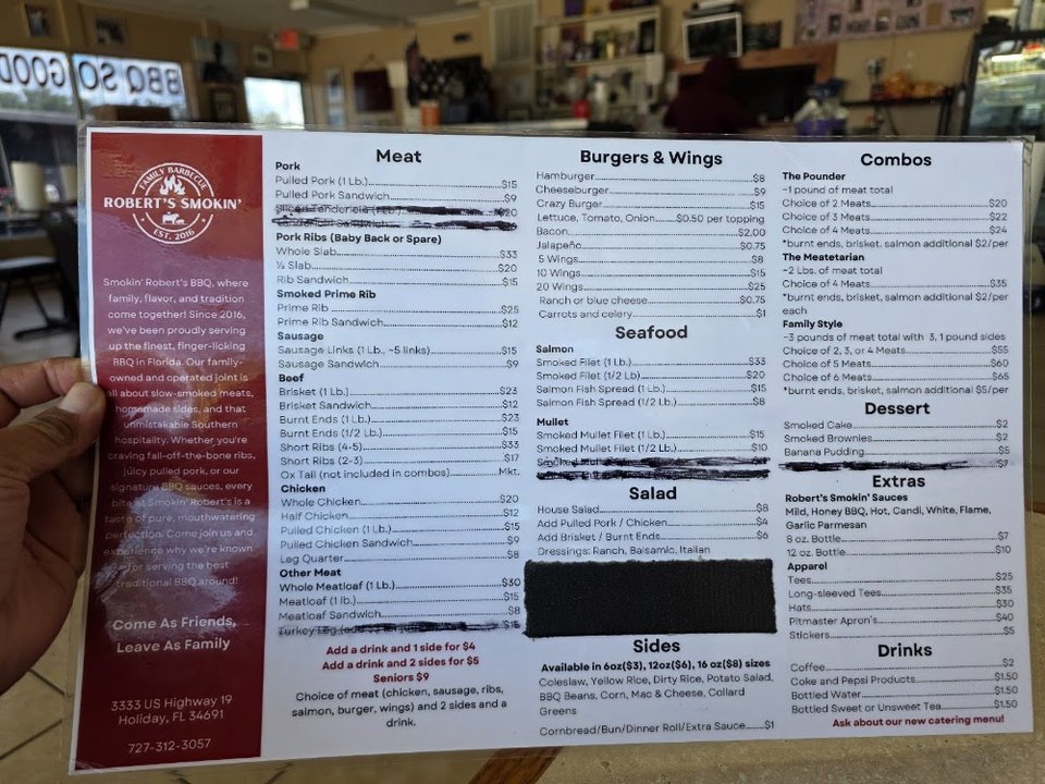 Menu section for pork and ribs.